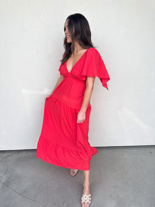 Coral Tiered V-Neck Maxi Dress