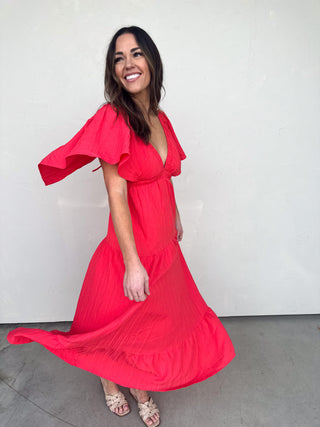 Coral Tiered V-Neck Maxi Dress