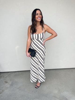Ivory/Black Diagonal Striped Midi Dress