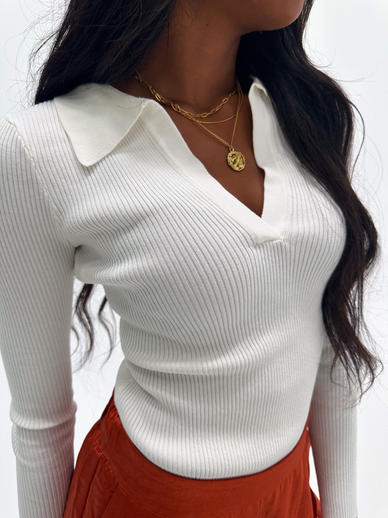 White Ribbed Long Sleeve Bodysuit with Collar