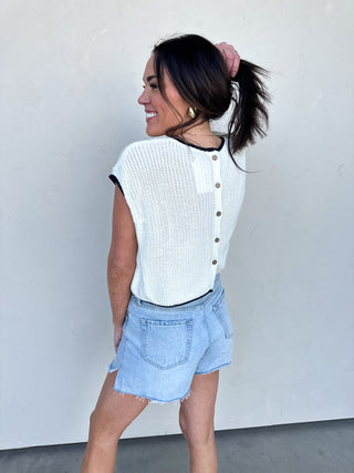 White/Navy Knit Top with Back Buttons