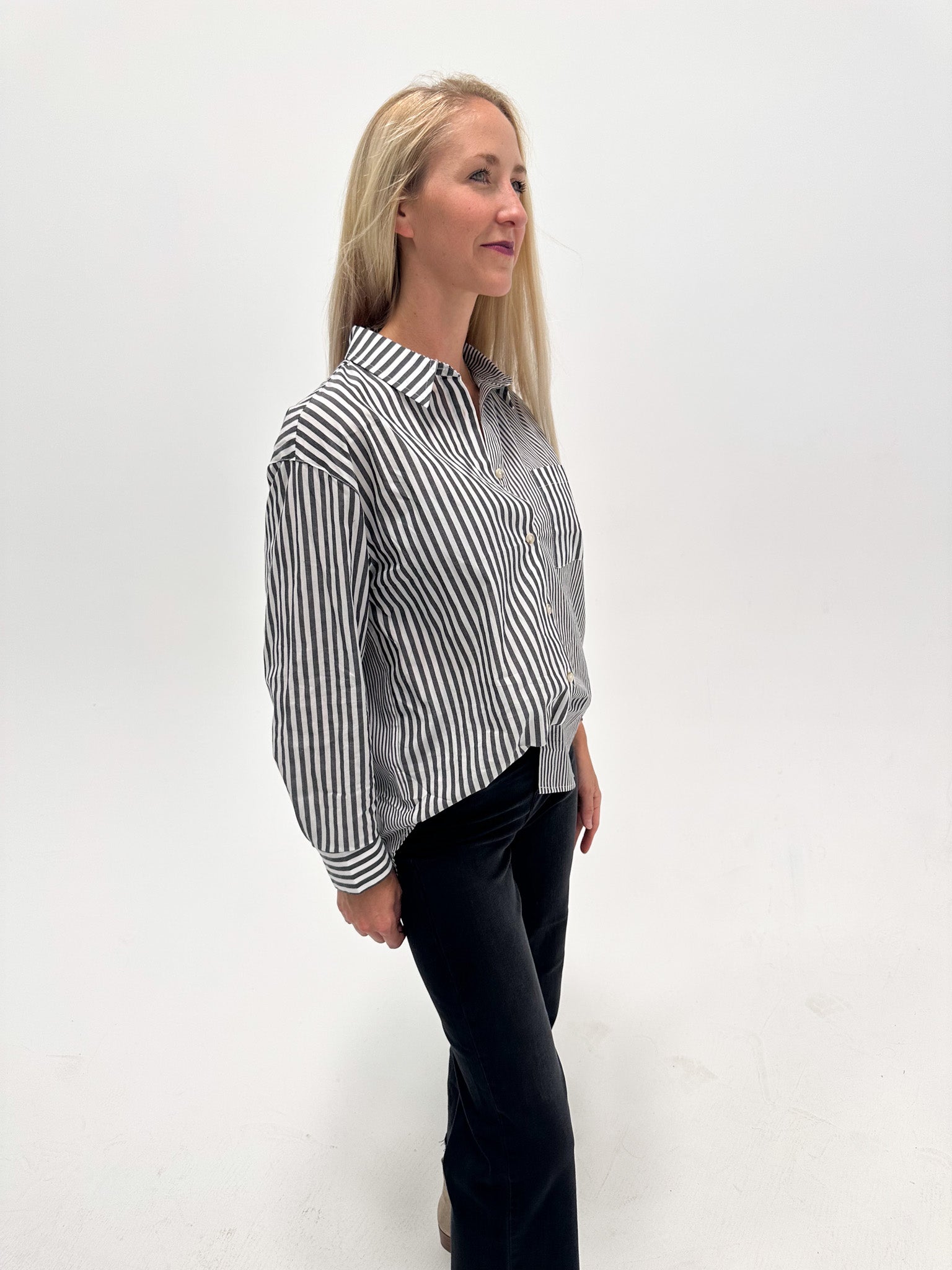 Charcoal Striped Contrast Button Down
