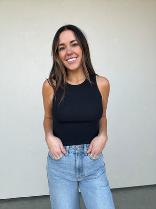 The Essential Black Ribbed High-Neck Cropped Tank