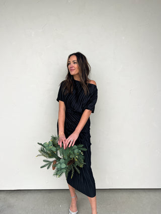 Black Satin Plisse One-Shoulder Midi Dress