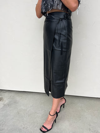 Faux Leather Midi Wrap Skirt with Tassels