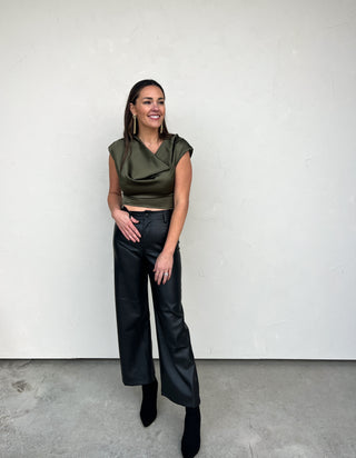 Olive Satin Cowl Neck Cropped Top