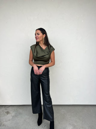 Olive Satin Cowl Neck Cropped Top