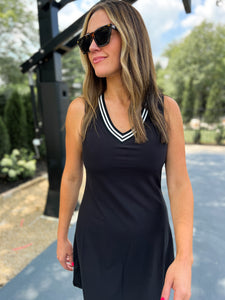Black V-Neck Tennis Dress with White Stripe Neckline