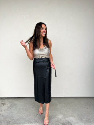 Faux Leather Midi Wrap Skirt with Tassels
