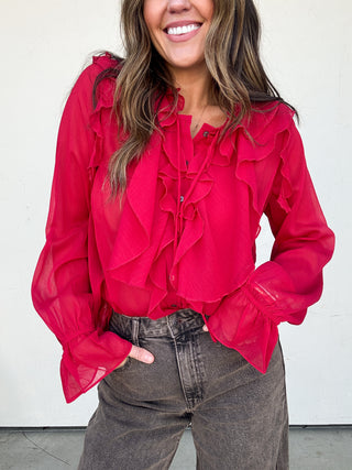 Red Sheer Ruffle Top