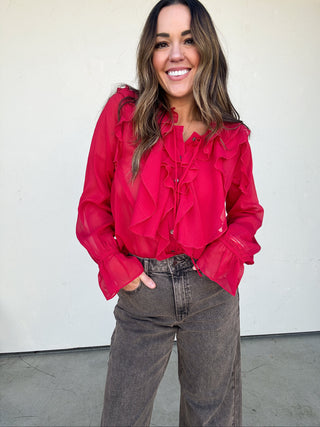 Red Sheer Ruffle Top