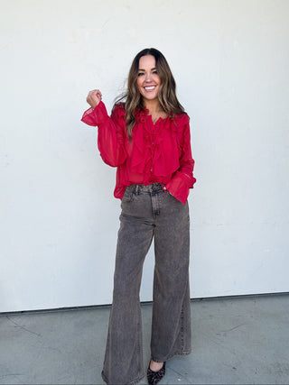 Red Sheer Ruffle Top