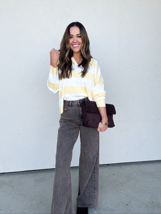 Yellow Striped Split-Neck Sweater