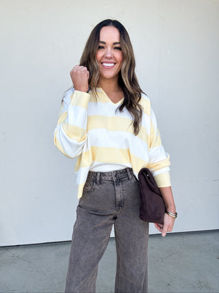 Yellow Striped Split-Neck Sweater