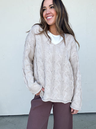 Taupe Cableknit V-Neck Sweater