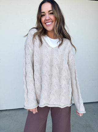 Taupe Cableknit V-Neck Sweater