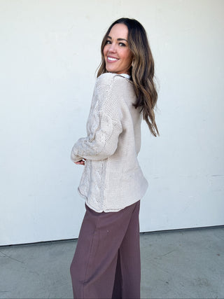 Taupe Cableknit V-Neck Sweater