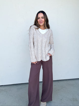 Taupe Cableknit V-Neck Sweater