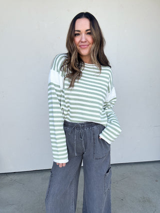 Matcha Striped Rolled-Hem Sweater