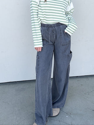 Washed Black Wide Leg Drawstring Pant