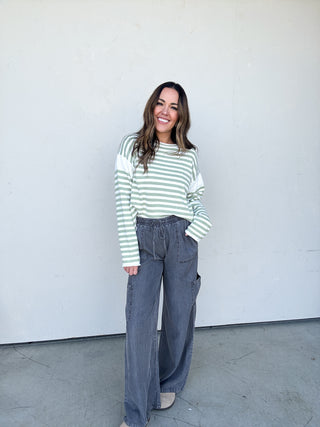 Matcha Striped Rolled-Hem Sweater