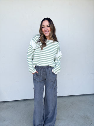 Matcha Striped Rolled-Hem Sweater