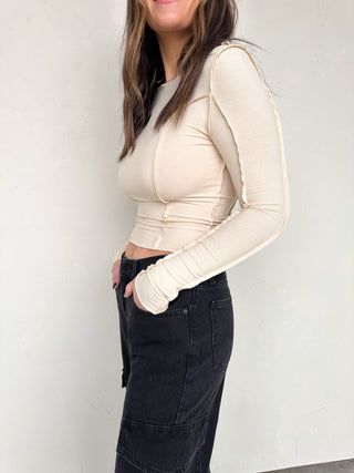 Ivory Reverse Stitch Fitted Long Sleeve Top