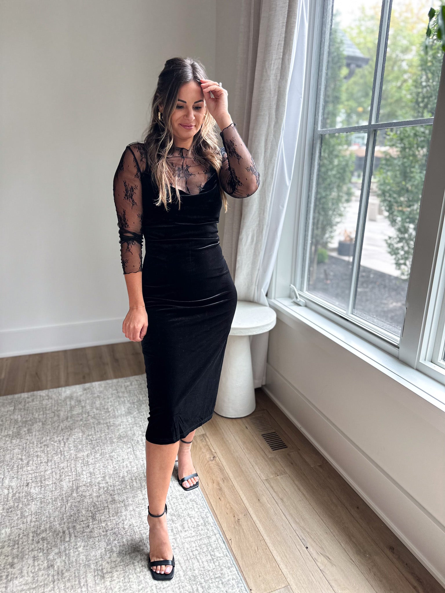 Black Velvet Cowl-Neck Midi Dress