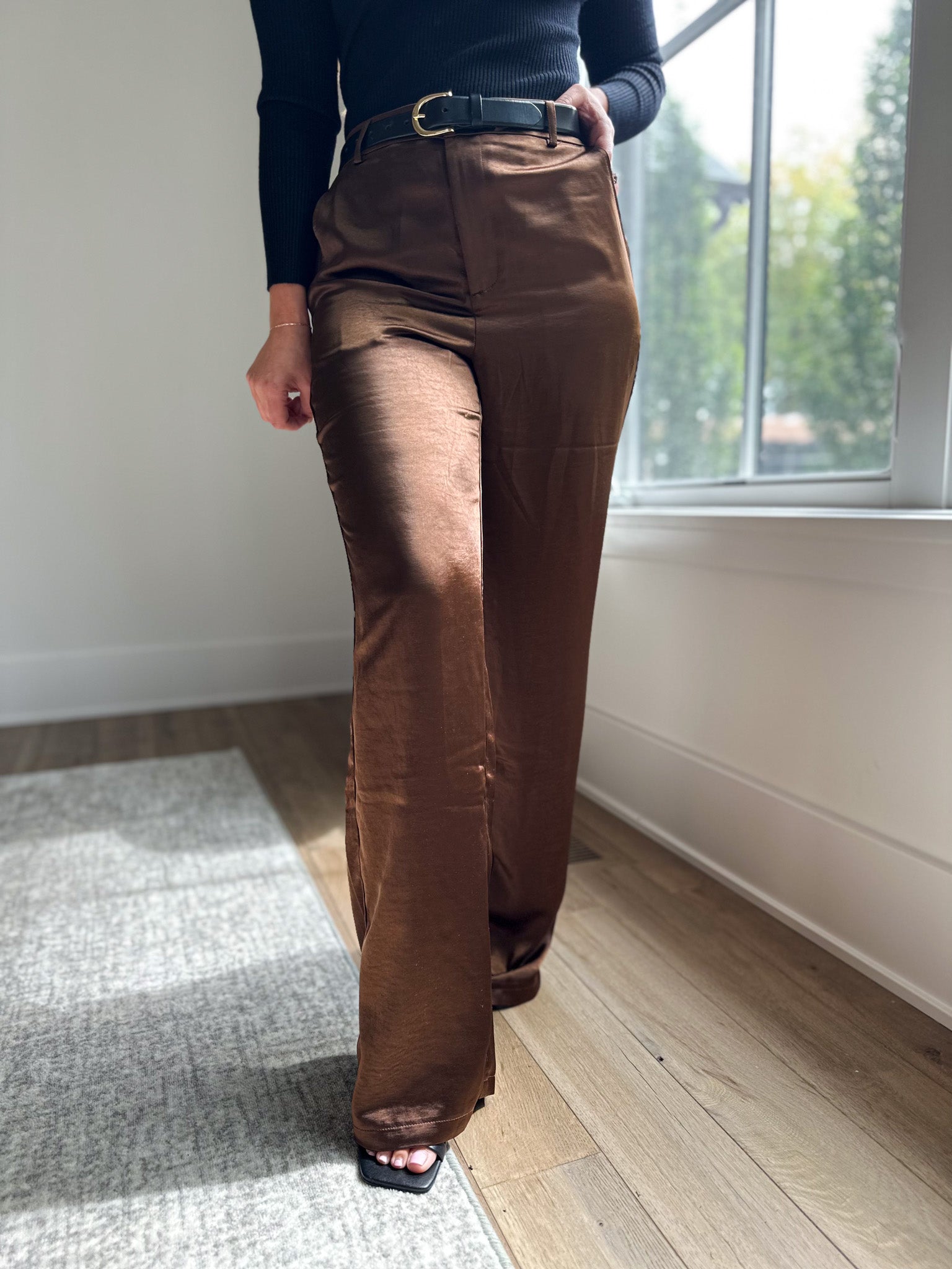 Brown Satin Wide-Leg Trousers