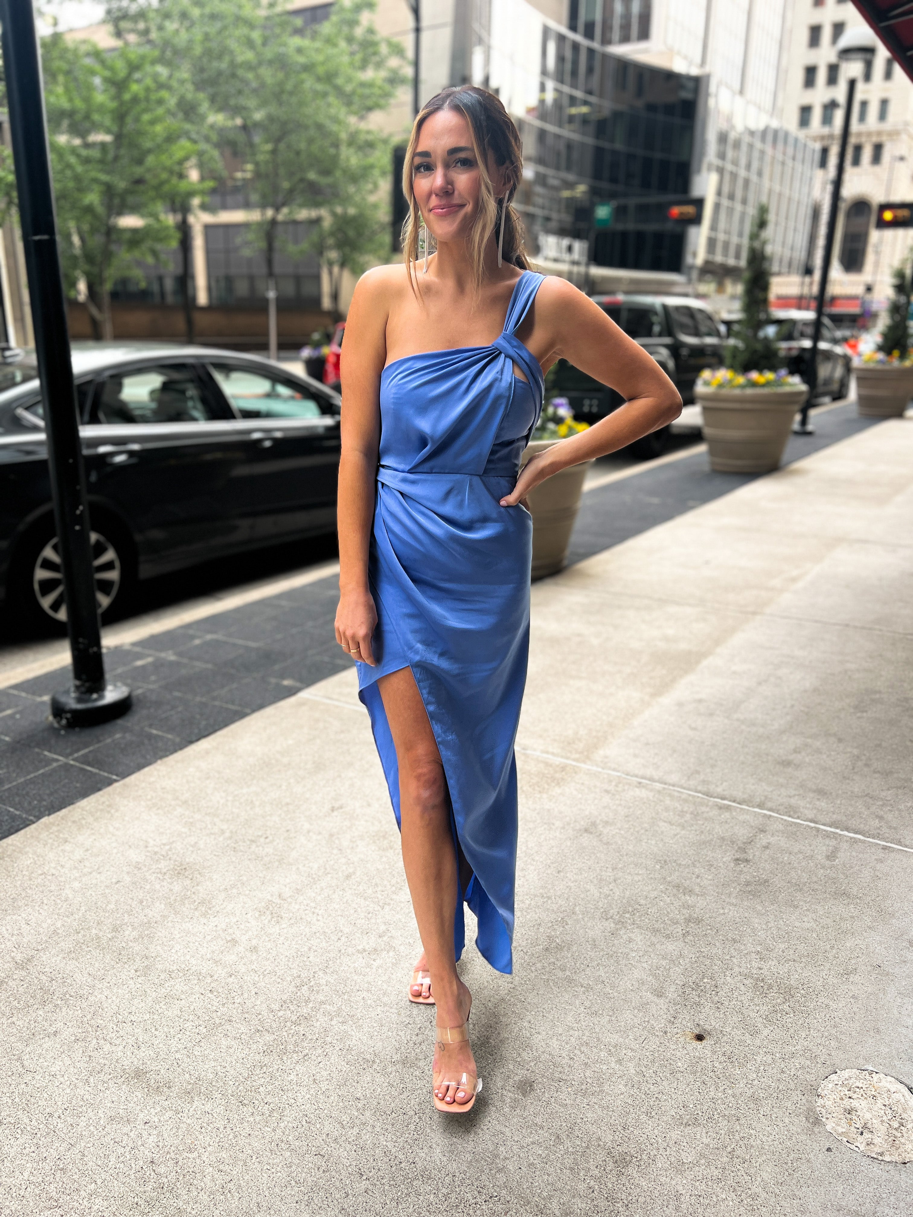 One-Shoulder Formal Blue Dress with Slit