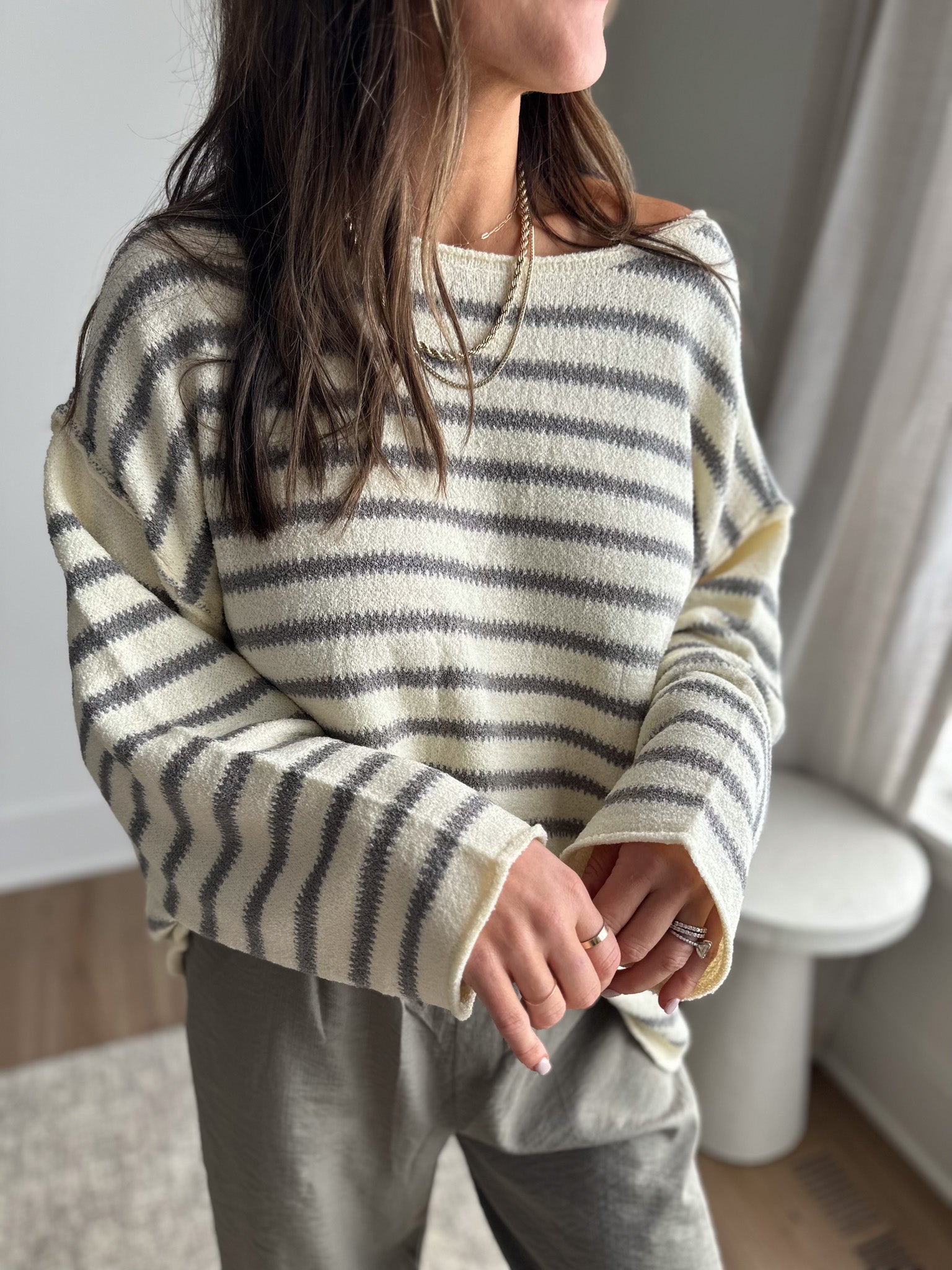 Striped Textured Knit Slouchy Sweater