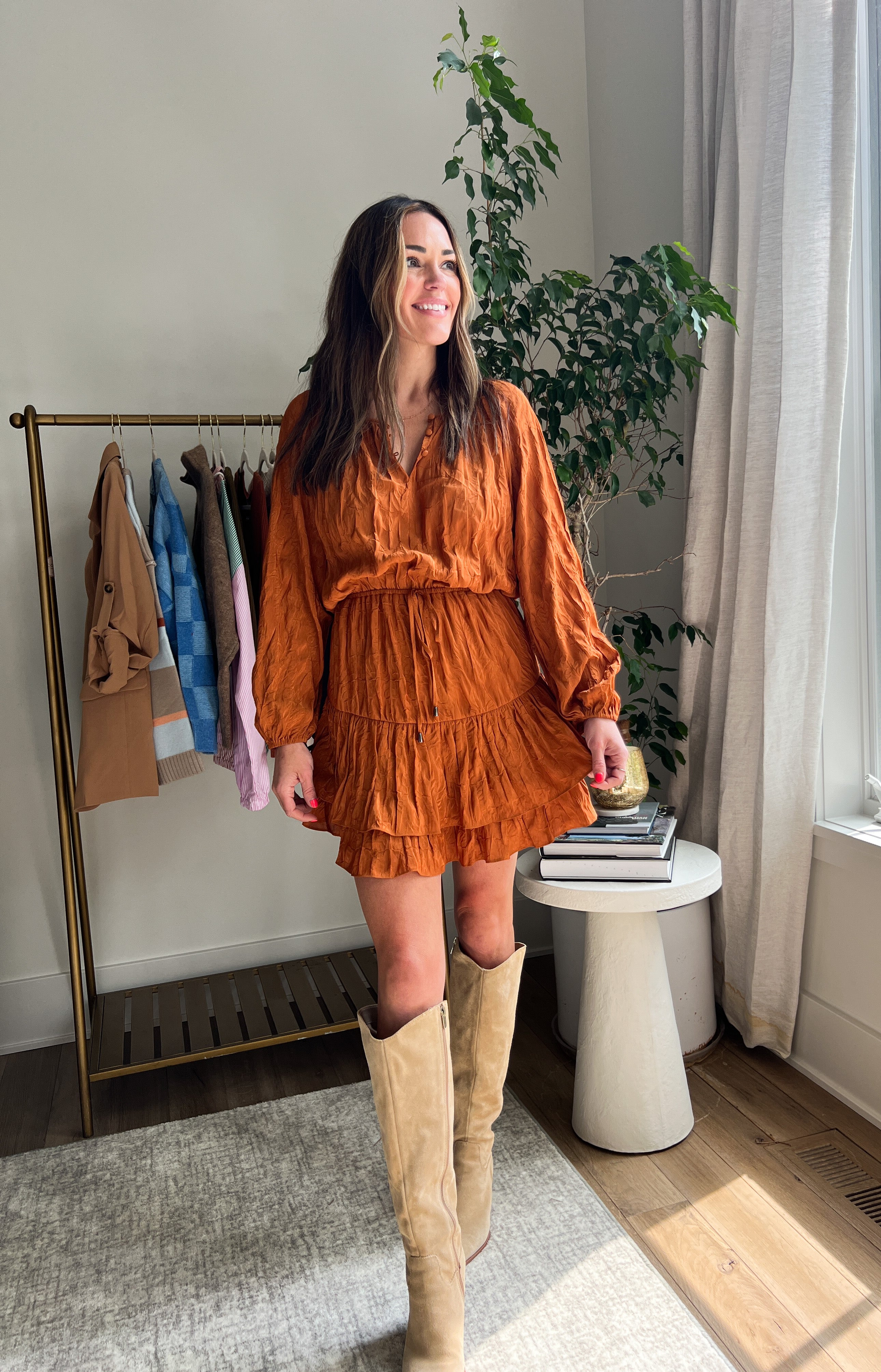 The Rust Long Sleeve Tiered Dress