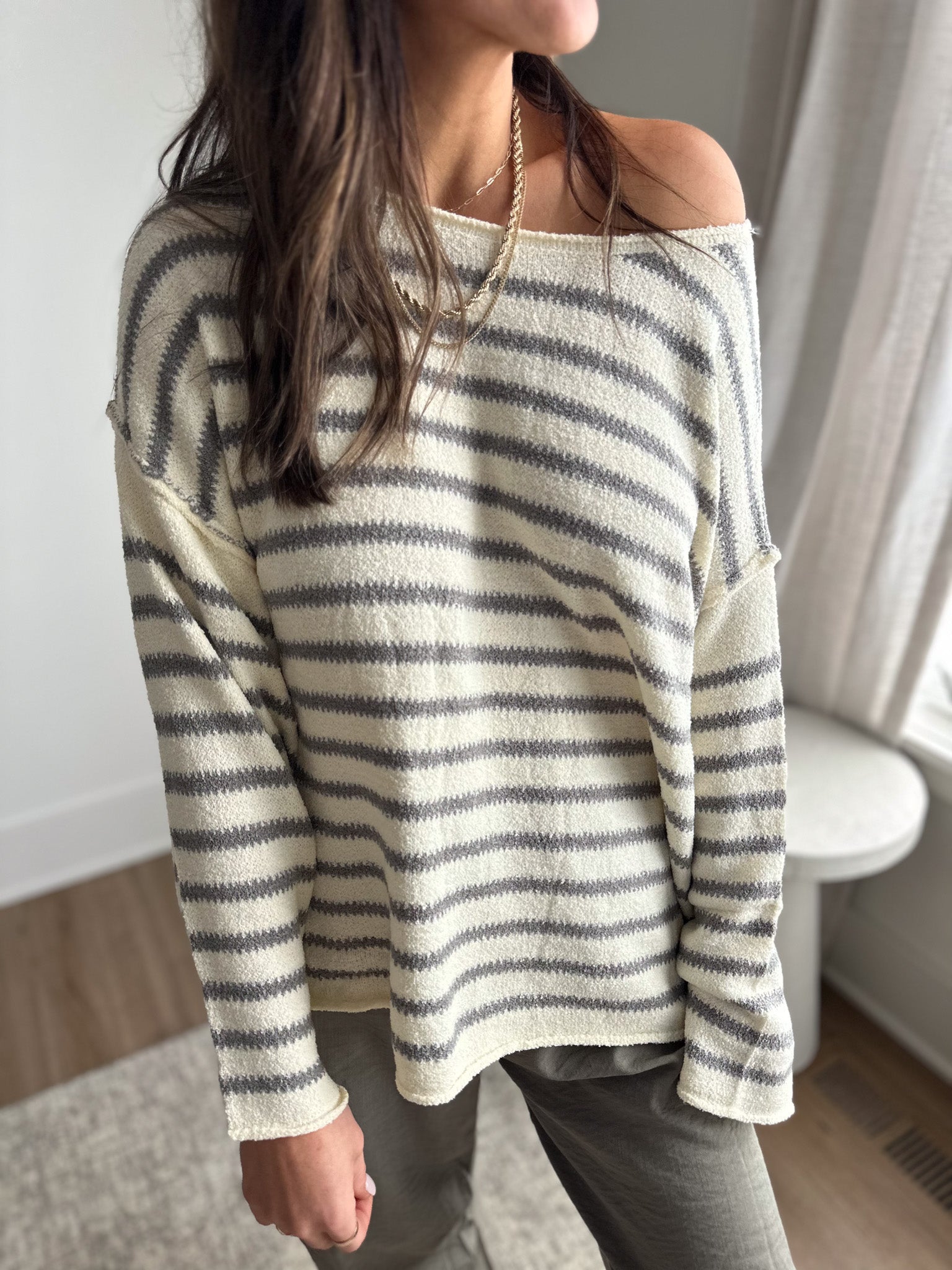 Striped Textured Knit Slouchy Sweater