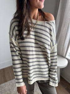 Striped Textured Knit Slouchy Sweater