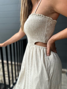 Linen Natural Midi Dress with Cutouts