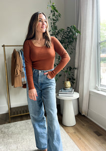 Rust Square Neck Ribbed Top