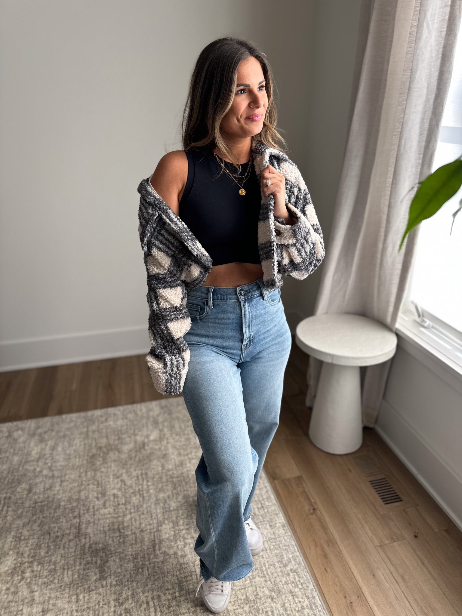 Black and Ivory Cropped Sherpa Jacket