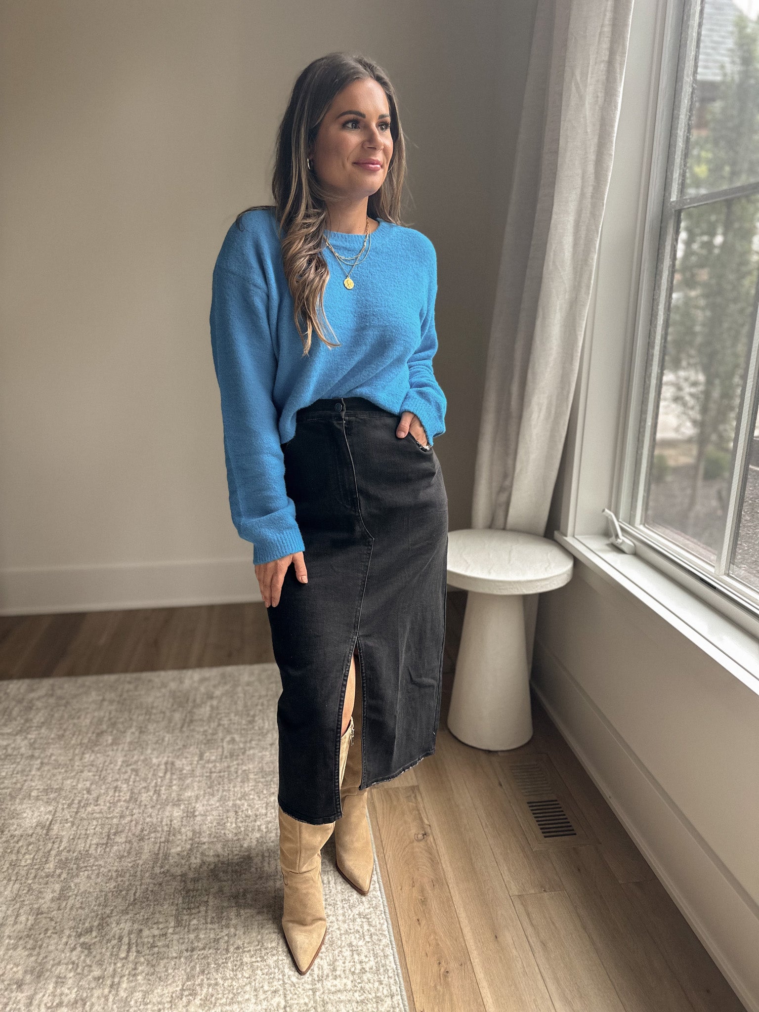 Washed Black Denim Midi Skirt
