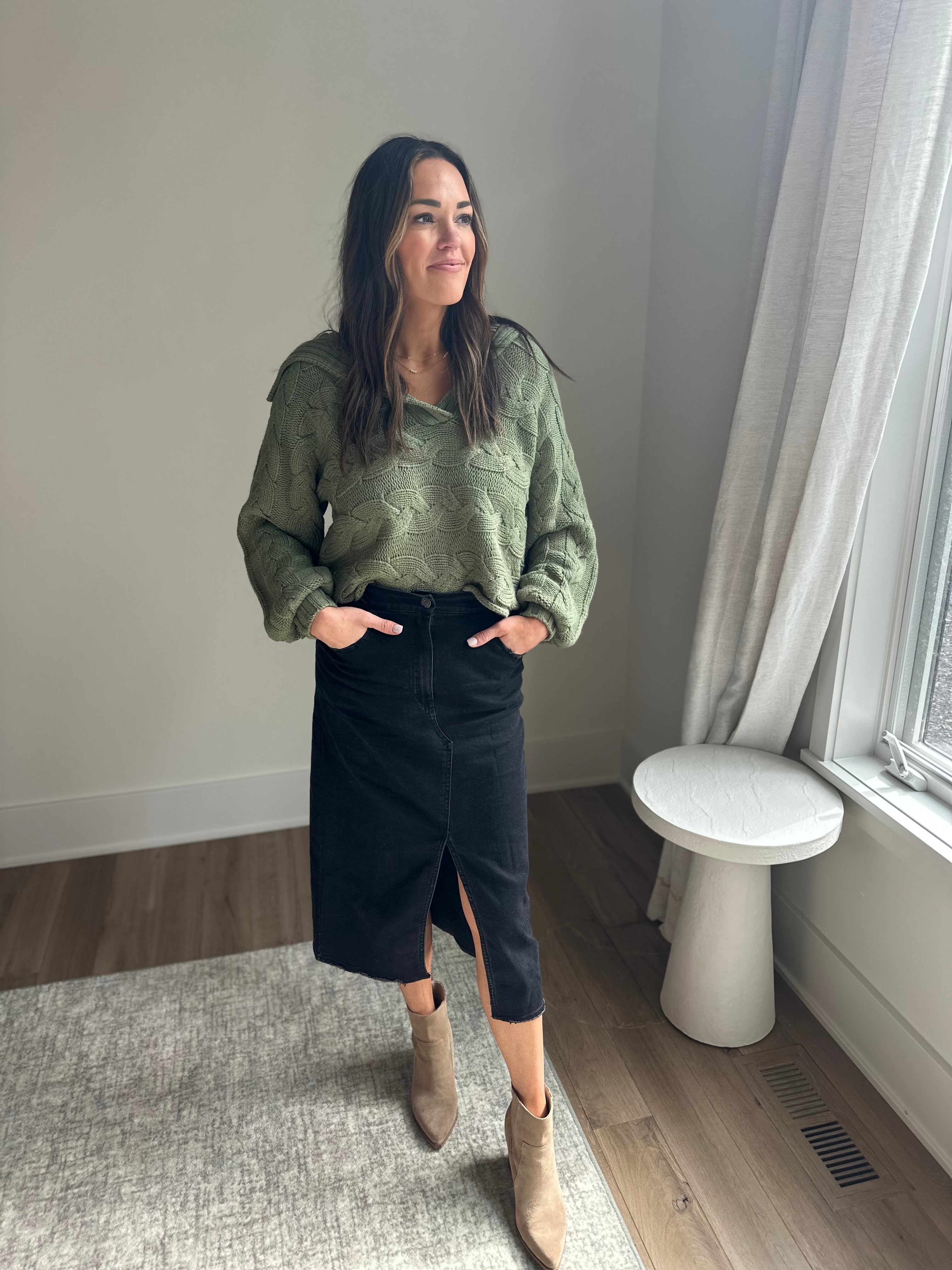 Washed Black Denim Midi Skirt