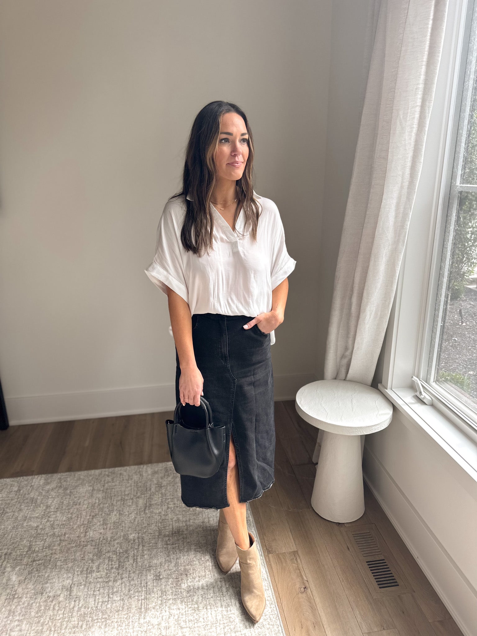 Washed Black Denim Midi Skirt