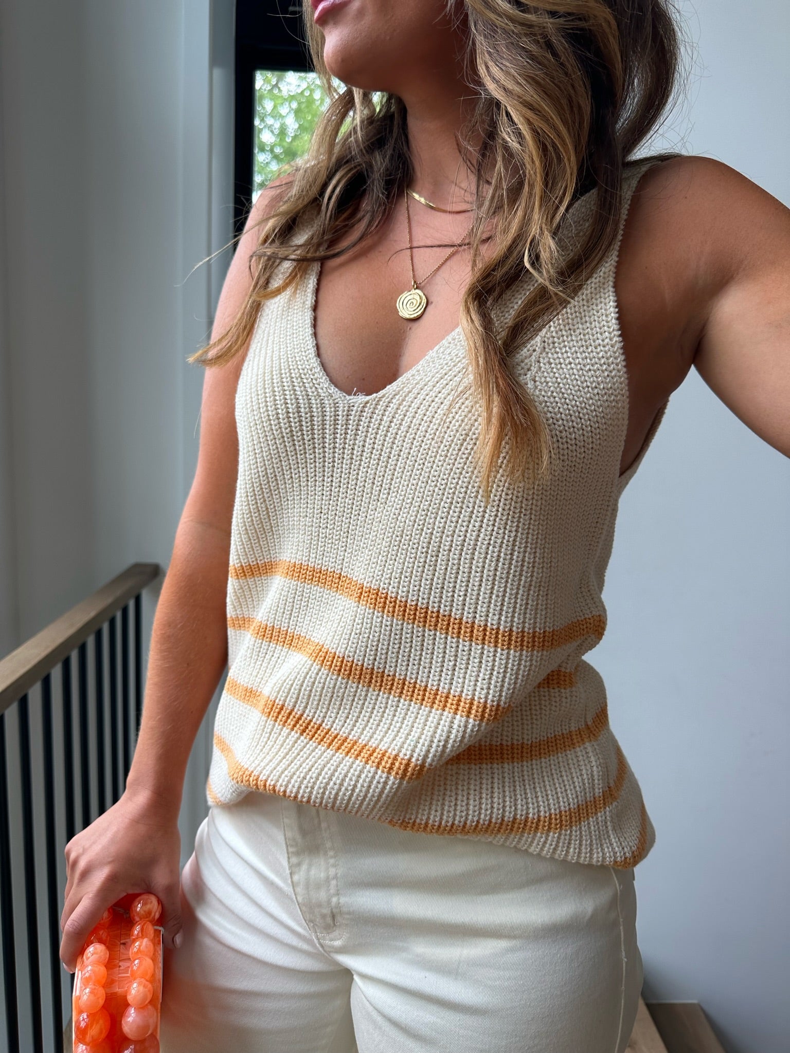 Ivory/Orange Striped Knit Sweater Tank