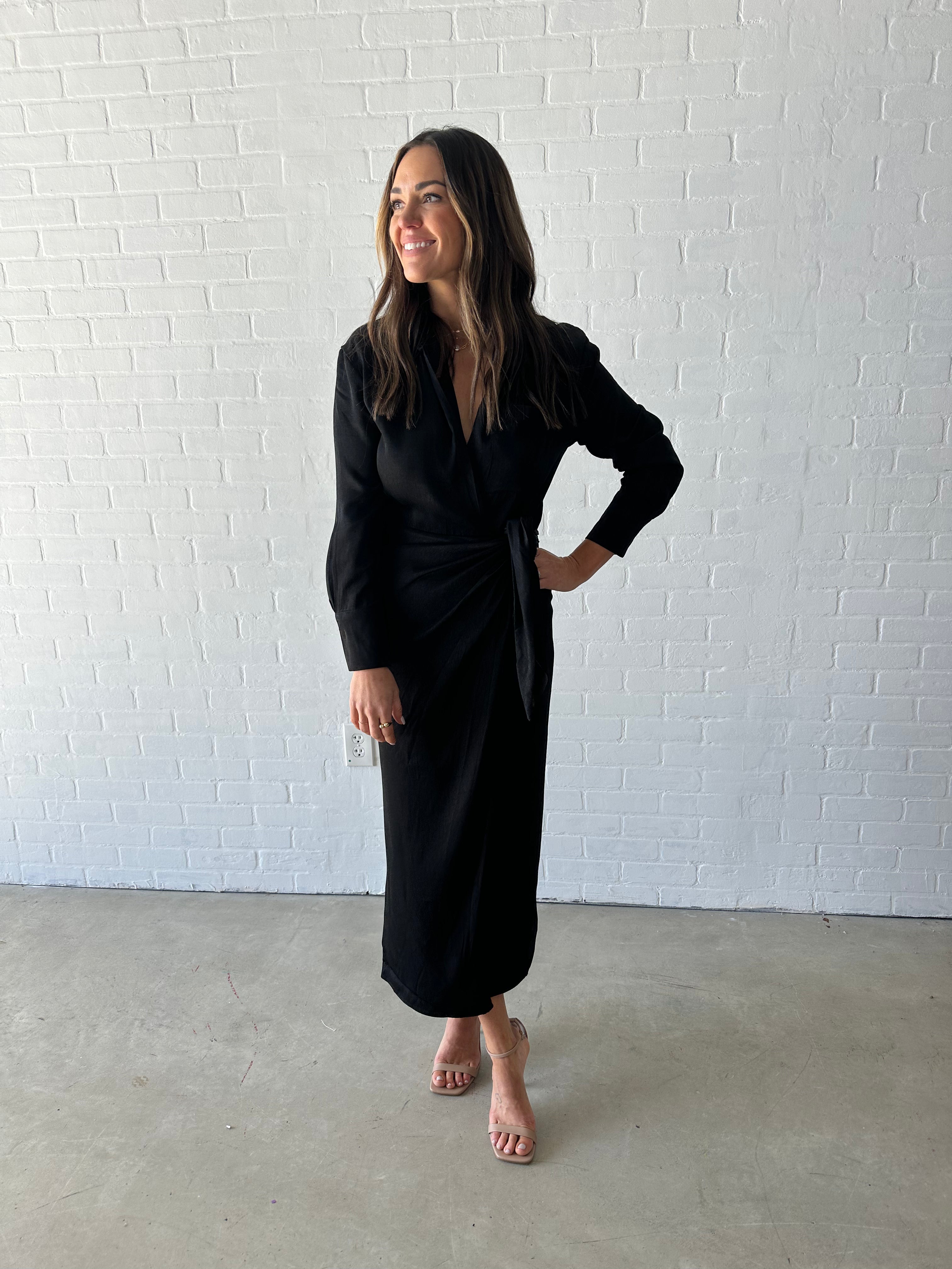 Black Tie-Front Wrap Dress