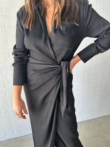 Black Tie-Front Wrap Dress