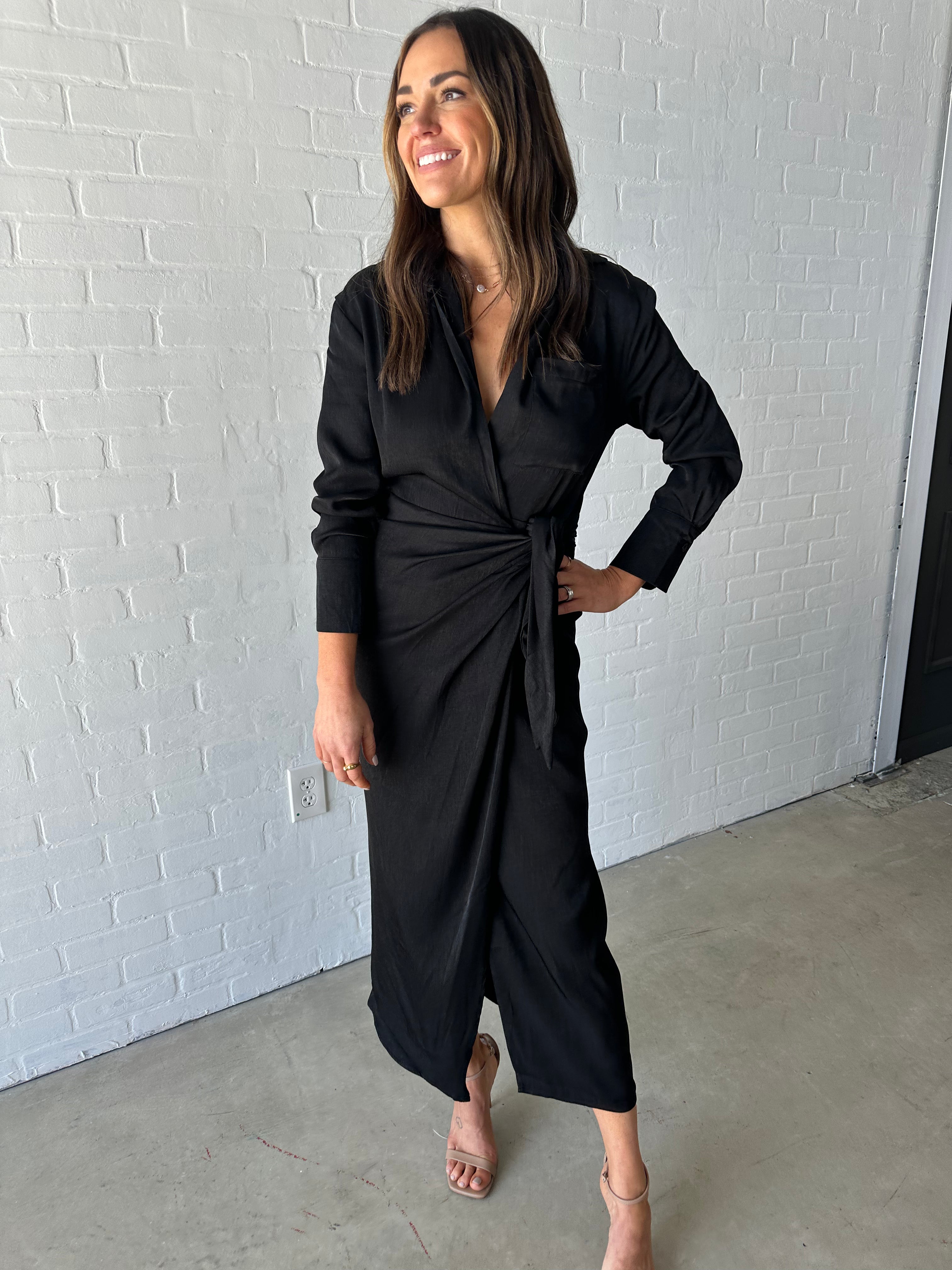 Black Tie-Front Wrap Dress
