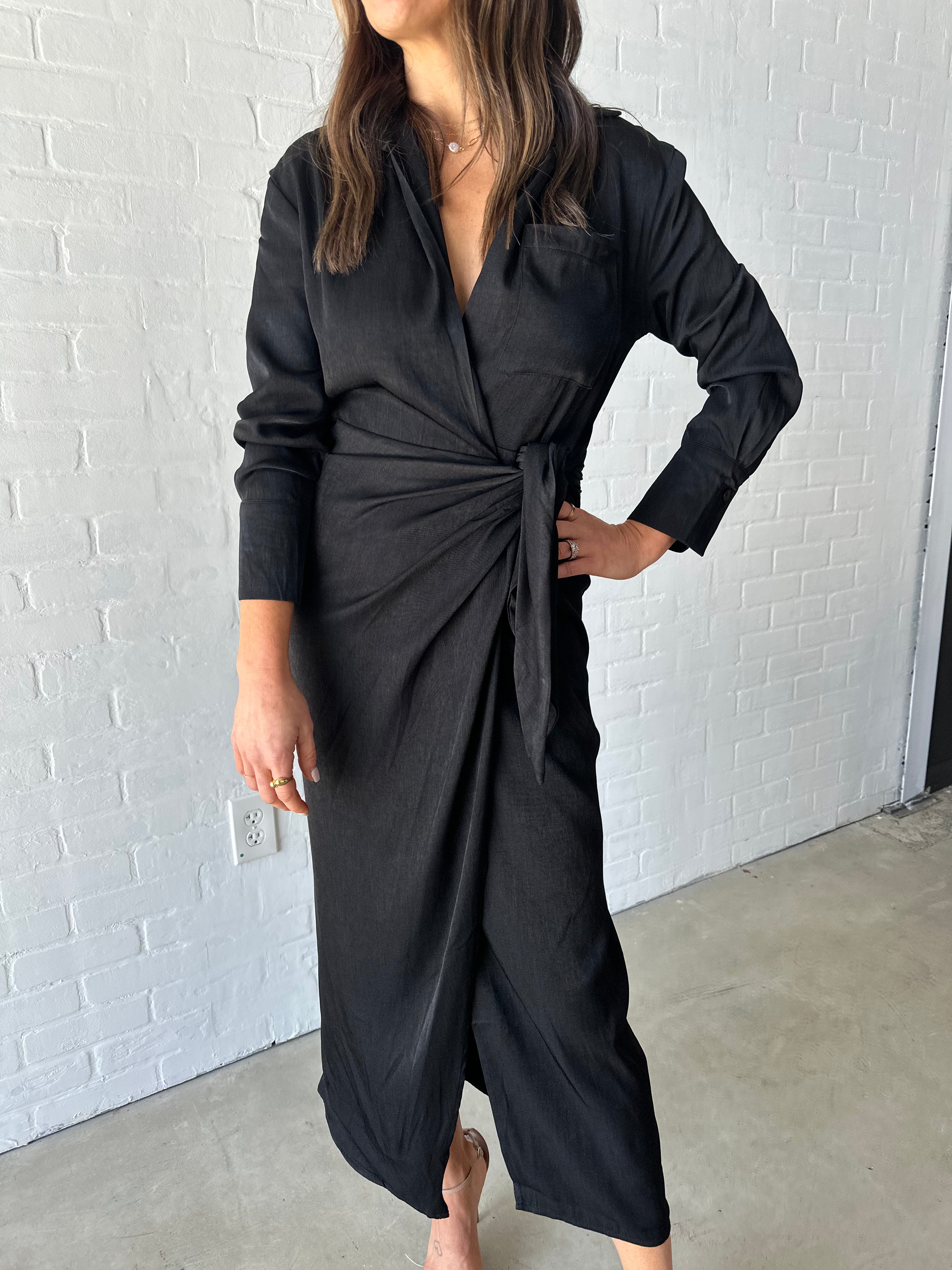 Black Tie-Front Wrap Dress