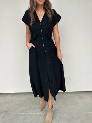 Woven Black Button-Down Midi Dress with Belt
