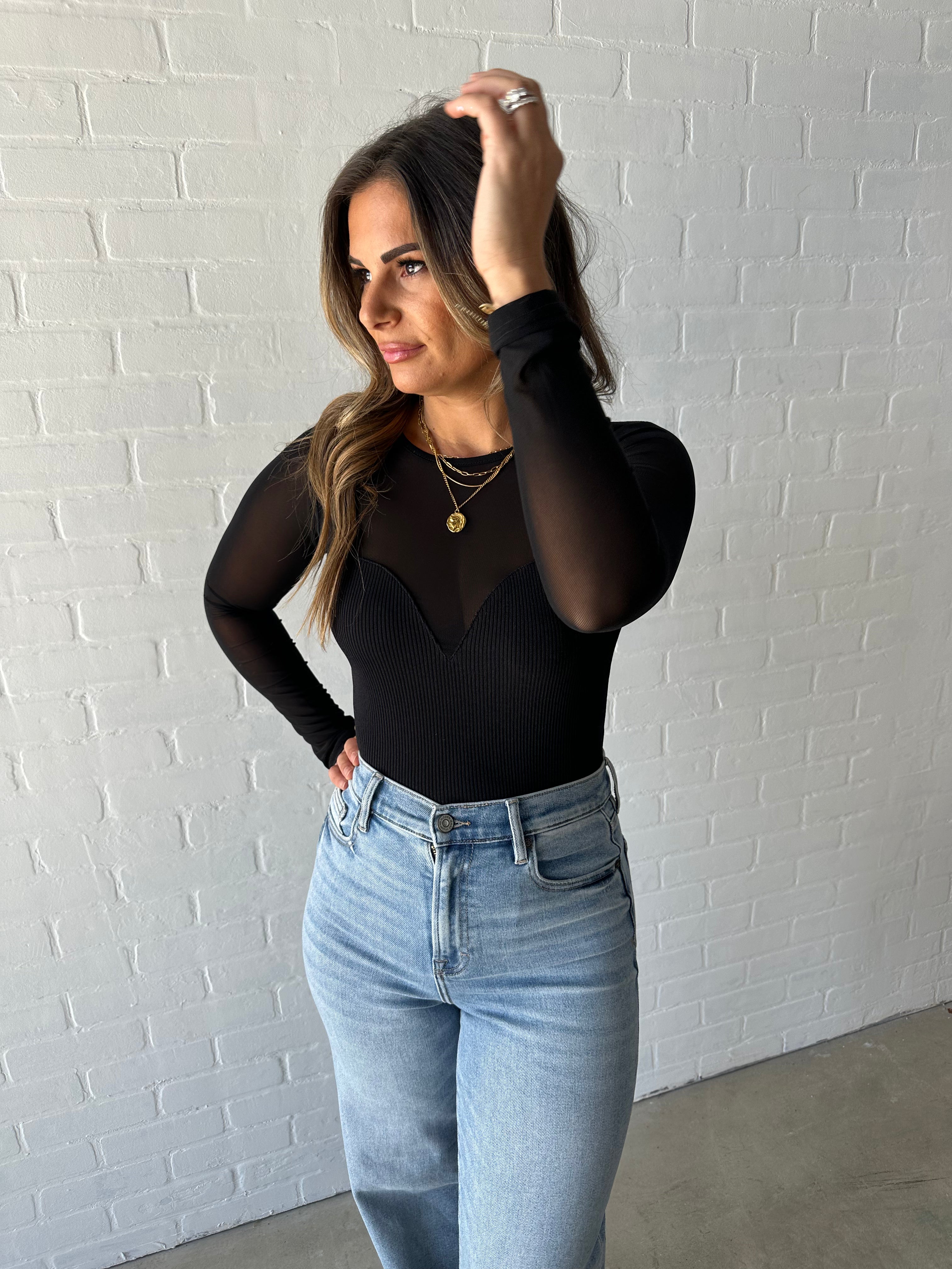 Black Mesh Sweetheart Ribbed Body Top