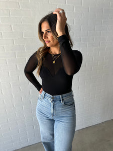 Black Mesh Sweetheart Ribbed Body Top