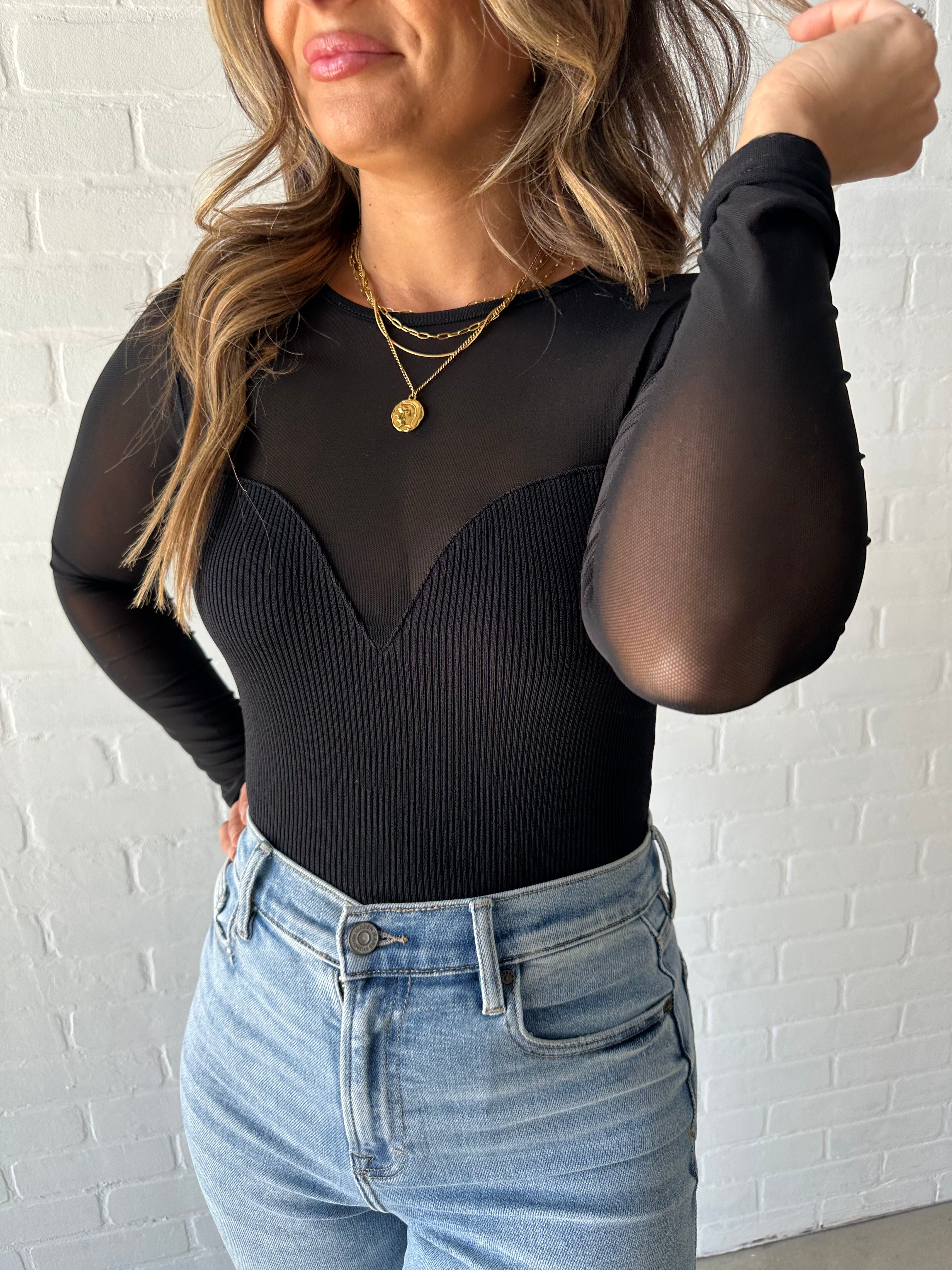 Black Mesh Sweetheart Ribbed Body Top