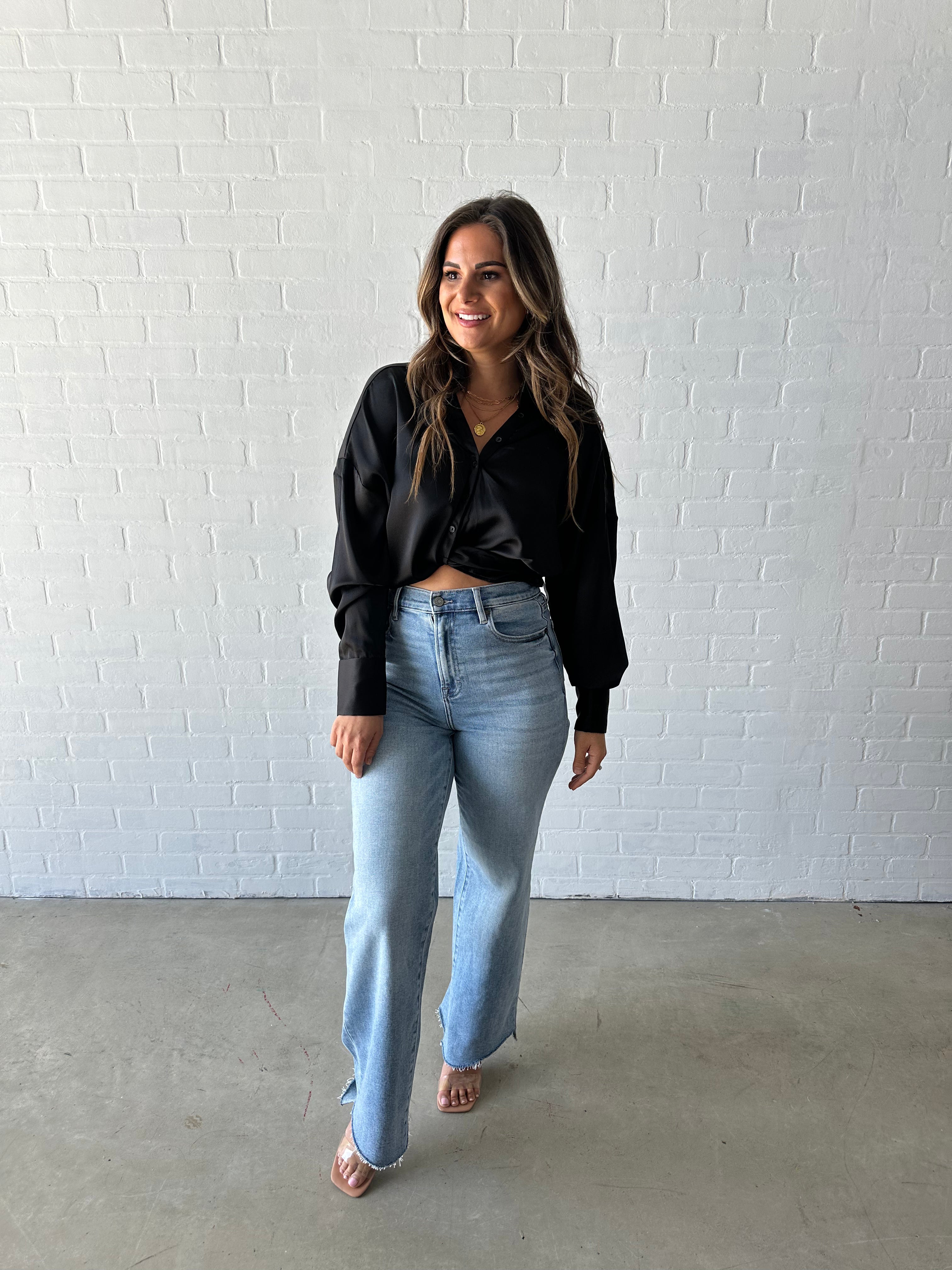 Black Front-Tie Satin Top